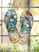 Axyaa Beach Style Acrylic Flip-Flops Suncatcher with Starfish & Shell, Wall Art Decor