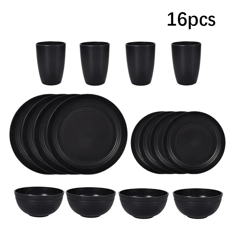Axyaa 16pc Black PP Cutlery & Plate Set for Outdoor Camping and Parties