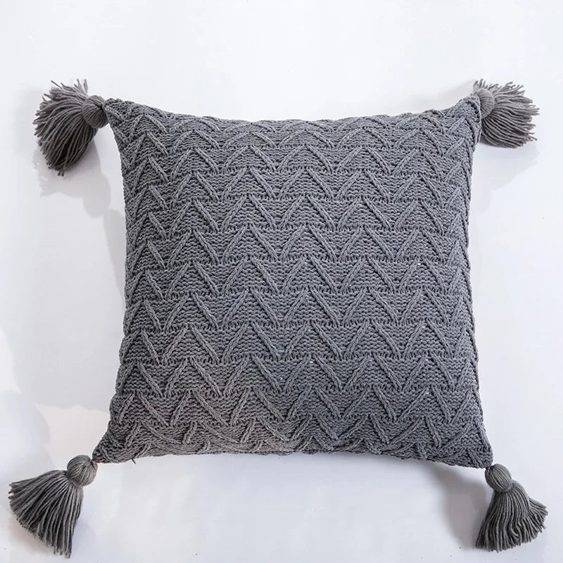 Axyaa Soft Knit Cushion Cover 45x45cm Solid Pillow Case with Tassels