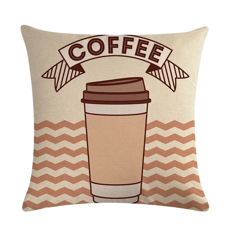 Axyaa Coffee Cup Print Linen Cushion Cover - 45x45CM Sofa Bed Decor