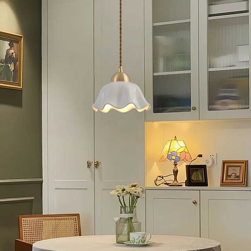 Axyaa White Ceramic Brass LED Pendant Light Modern Nordic Hanging Lamp