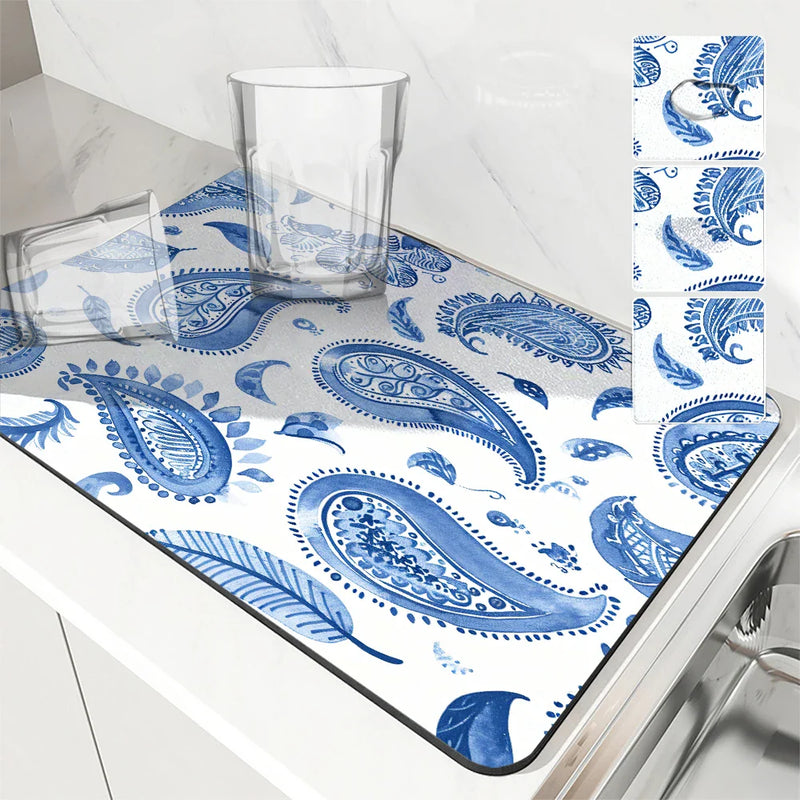 Axyaa Paisley Pattern Absorbent Dish Drying Mat with Rubber Backing