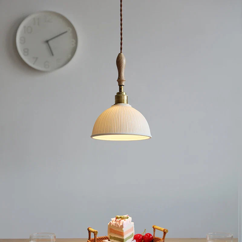 Axyaa Ceramic Pendant Light Wood White LED Lamp for Living Room & Cafe