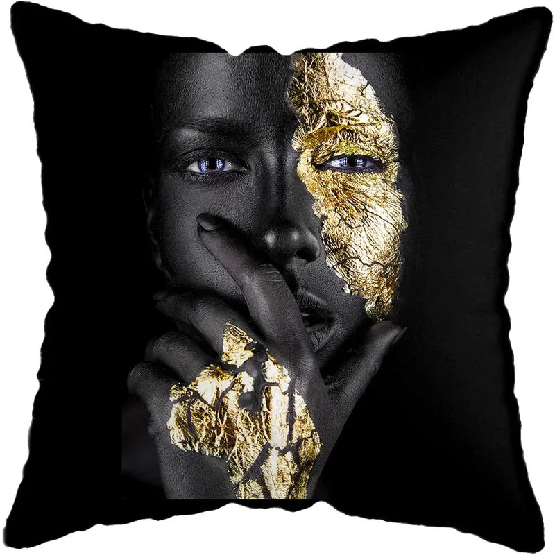 Axyaa Black Gold African Lady Woman Art Deco Pillowcase