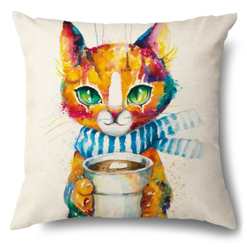 Axyaa Cartoon Kitty Cat Linen Pillowcase for Bed, Couch, and Sofa Décor
