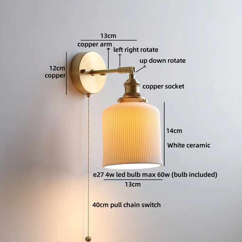 Axyaa Ceramic LED Wall Lamp: Japan Style Gold Brass Arm, Up Down Rotate