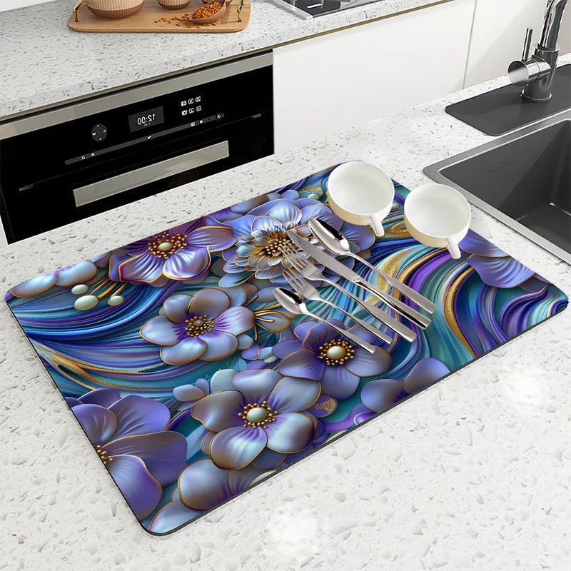 Axyaa Flower Kitchen Absorbent Mat - Quick Dry Dish Drying & Bathroom Drain Pad
