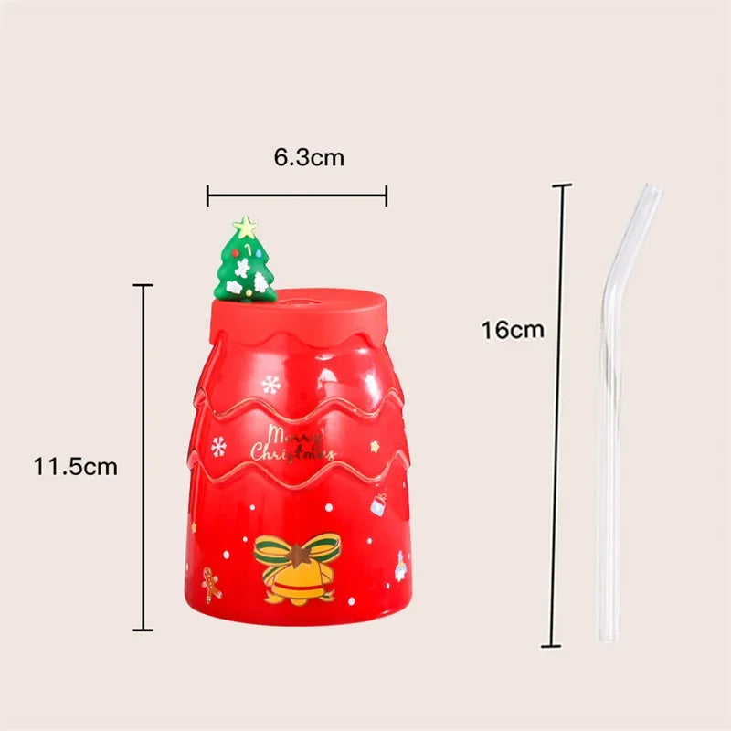 Axyaa Christmas Tree Ceramic Mug Set - Santa Claus Coffee Cup with Lid, Straw