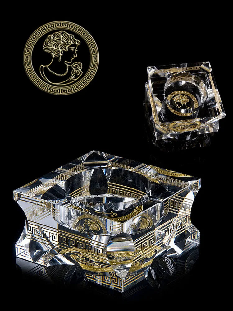 Axya Crystal Glass Hand-Gilt Square Ashtray - European Design for Home & Office