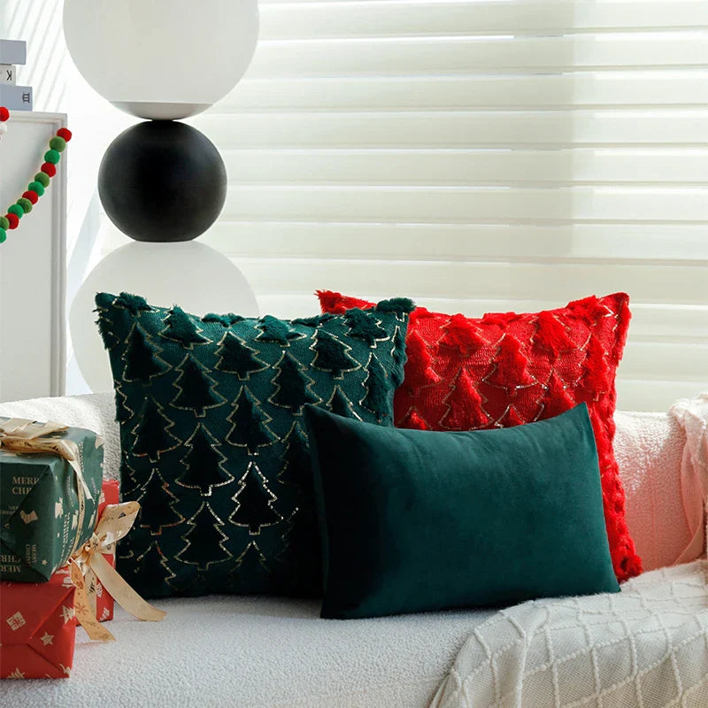 Axyaa Plush Christmas Tree Cushion Cover 45x45cm for Living Room Sofa - Green/Red