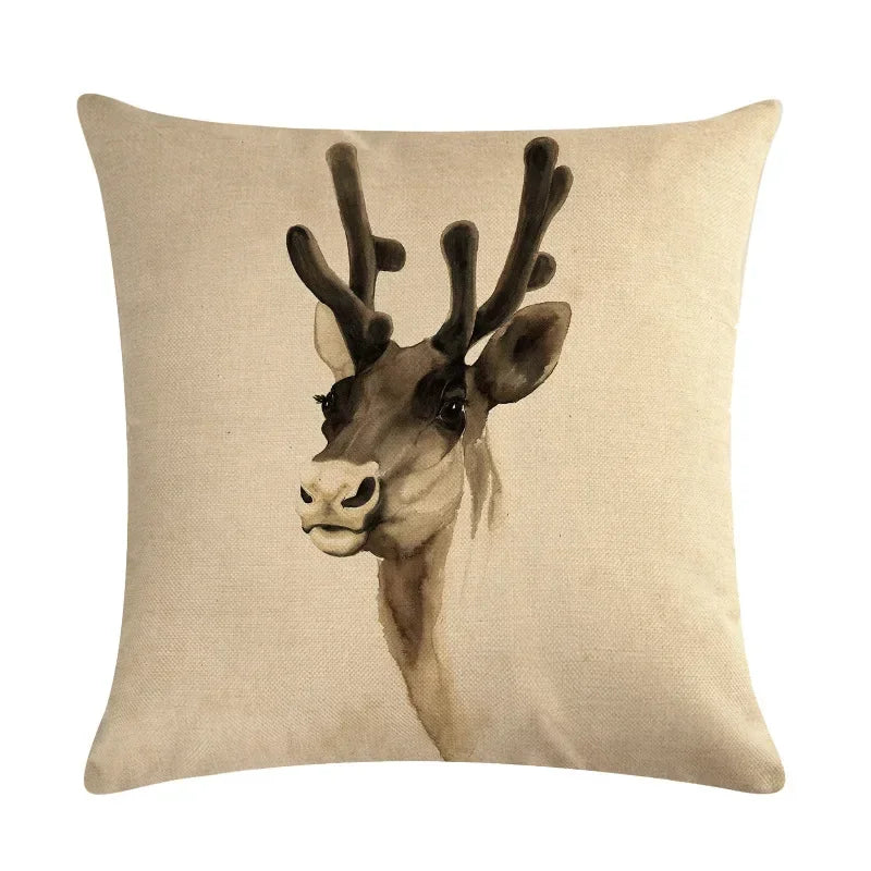 Axyaa Nordic Moose Art Linen Cushion Cover for Home Decor