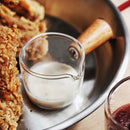 Axyaa Glass Gravy Boat with Acacia Wood Handle: Restaurant Seasoning Tool