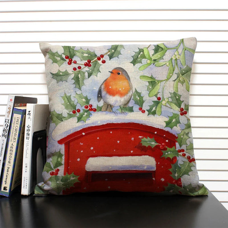 Axyaa Christmas Bird Snow Pattern 45x45cm Linen Pillow Case Home Sofa Decoration