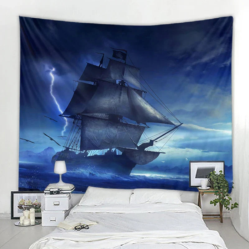 Axyaa Pirate Ship Tapestry - Sailing Seascape Decor for Boho Bedroom Aesthetics