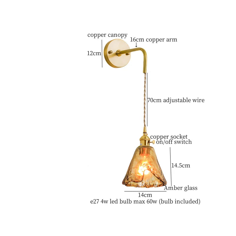 Axyaa Glass LED Wall Sconce Light Pull Chain Copper Applique Murale