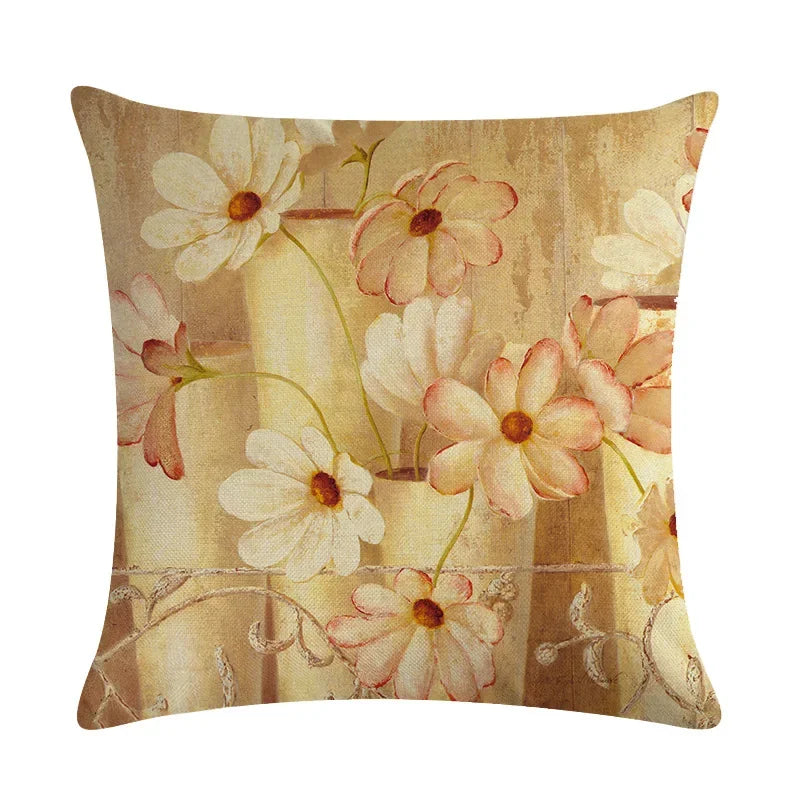 Axyaa Retro Flower Oil Painting Linen Pillowcase 45*45cm