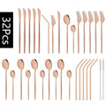 Axyaa 32-Piece Stainless Steel Black Cutlery Set Knife Fork Spoon Straw Flatware