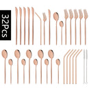 Axyaa 32-Piece Stainless Steel Black Cutlery Set Knife Fork Spoon Straw Flatware