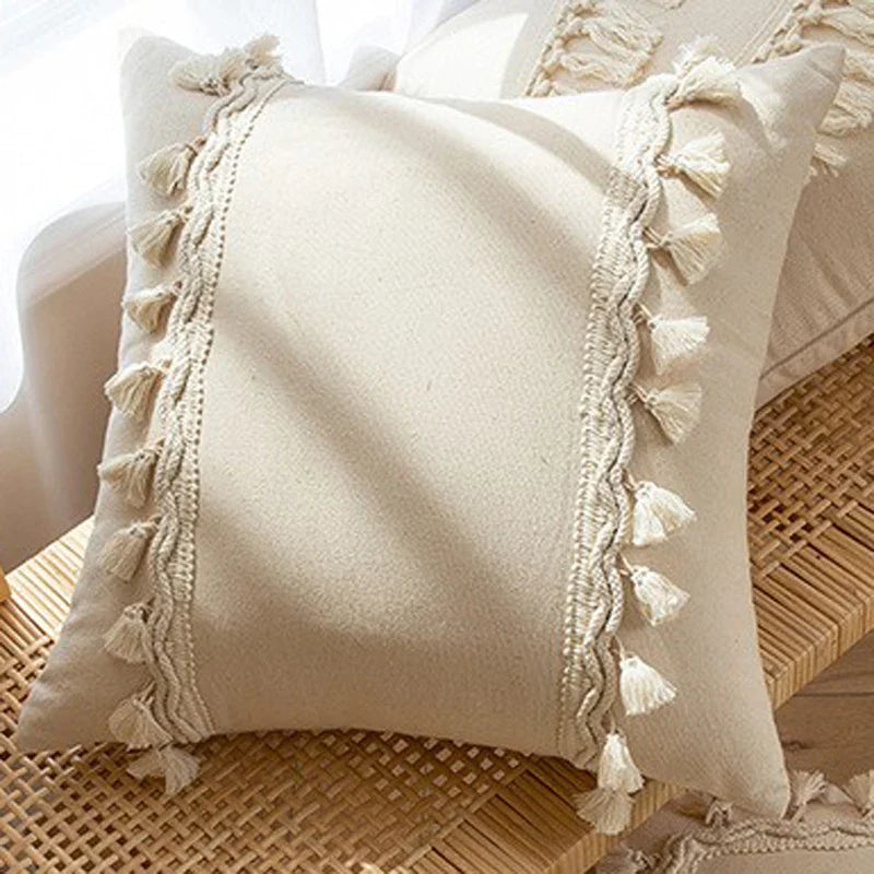 Axyaa Beige Cotton Weave Fringed Cushion Cover for Home Decor