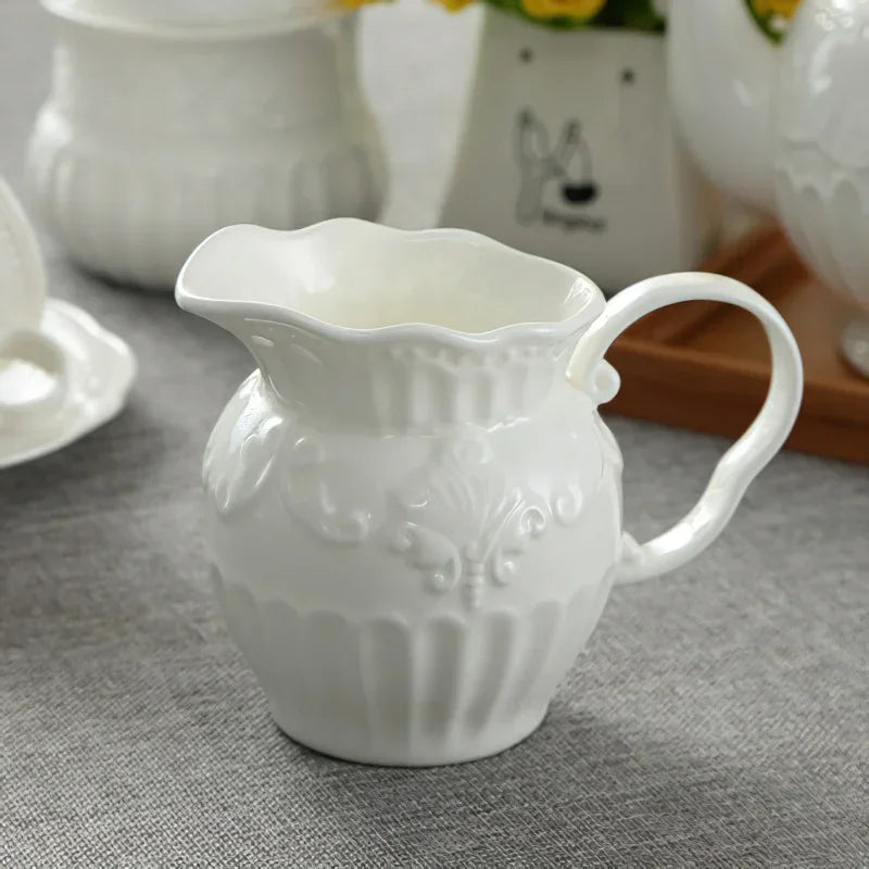 Axya Embossed Leaf Pattern White Ceramic Coffee Teapot Set