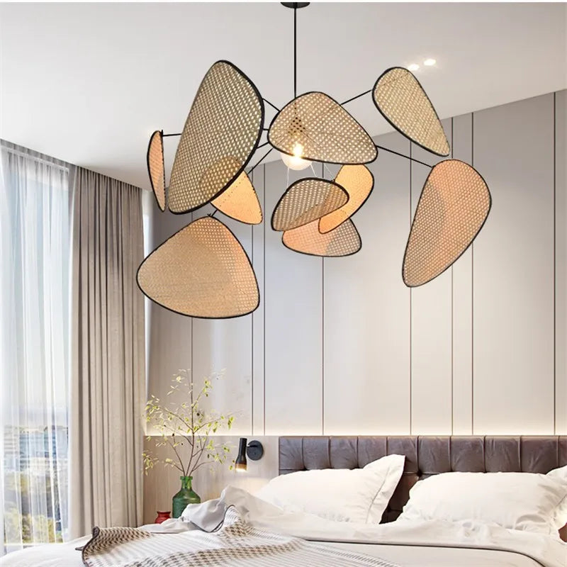 Axyaa Rattan Wicker Chandelier Kitchen Leaf Grid Wood Bamboo Lamp