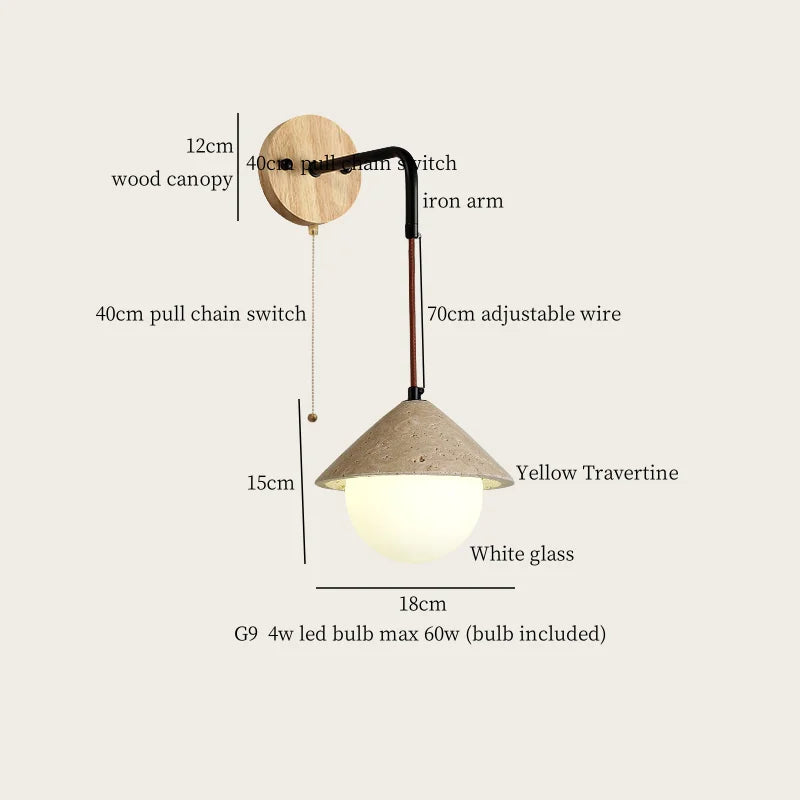 Axyaa Stone Glass LED Wall Light 70CM Adjustable Yellow Travertine Wabi Sabi Bedroom Lamp