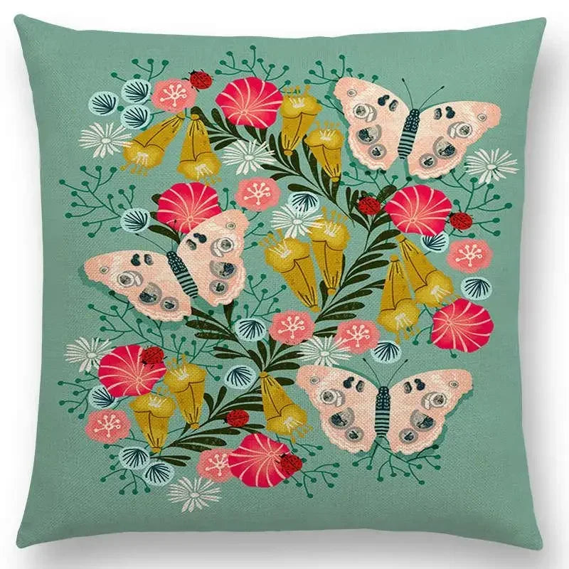 Axyaa Bird-Floral Teacup & Lepidoptera Cushion Cover for Decor & Sofa