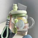 Axyaa Bear Glass Water Cup With Handle Lid, Jumbo Straw, Portable Double Drinking Mug