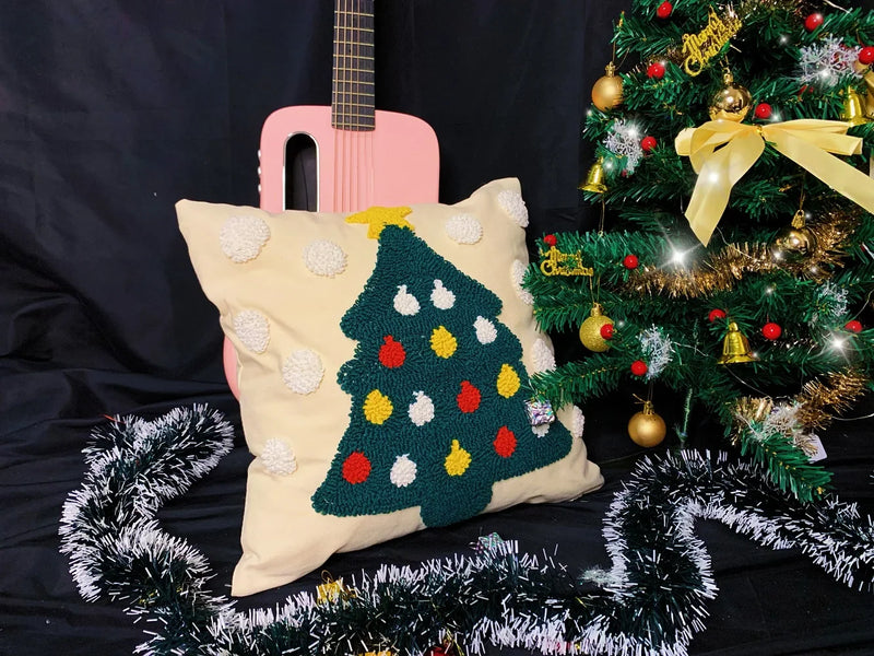 Axyaa Christmas Tree Circle Velvet Embroidery Linen Pillow Cover