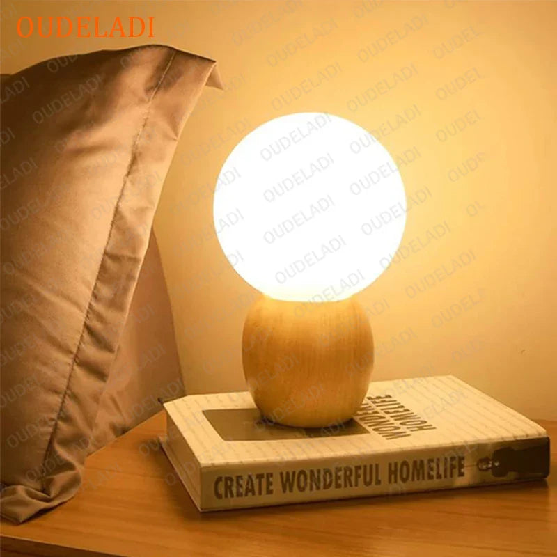 Axya Wood Table Lamp with Glass Lampshade and Button Switch - G4 LED Bulb Included