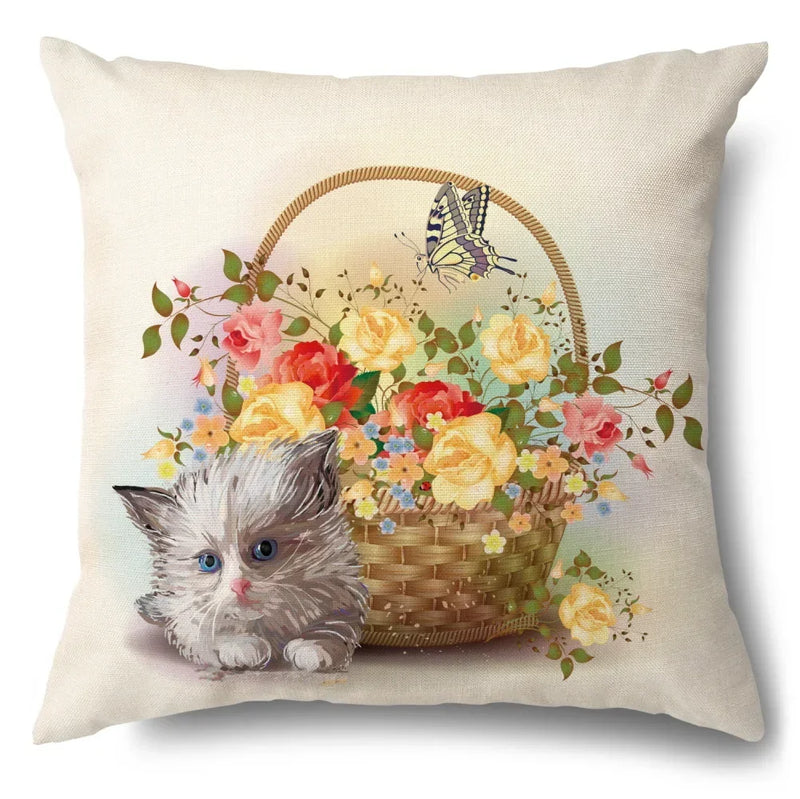 Axyaa Cartoon Kitty Cat Linen Pillowcase for Bed, Couch, and Sofa Décor