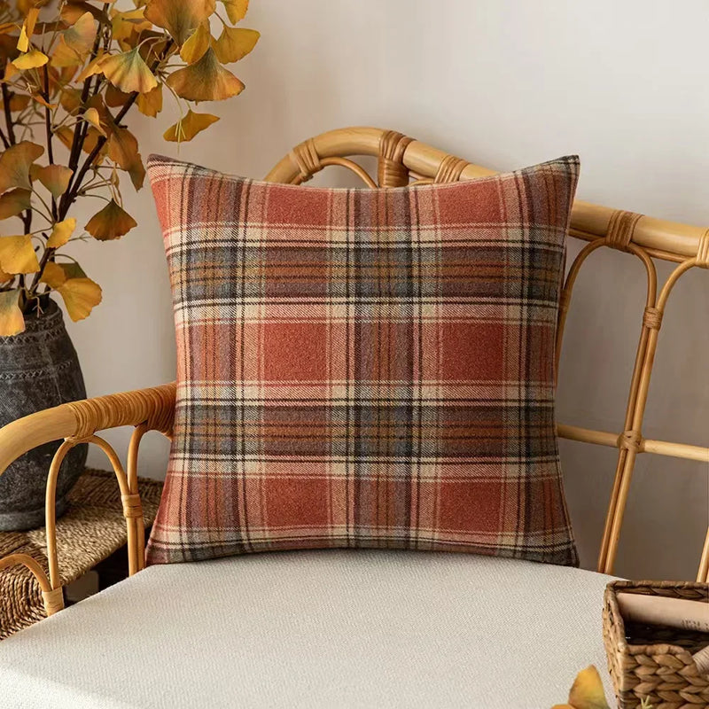 Axyaa Plaid Autumn Pillow Cover 18X18inch Brown Yellow Rustic Red Sofa Chair