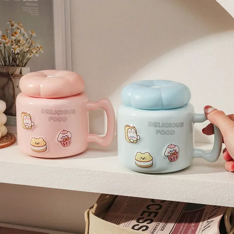 Axyaa Cartoon Ceramic Breakfast Coffee Mug with Lid for Home and Office