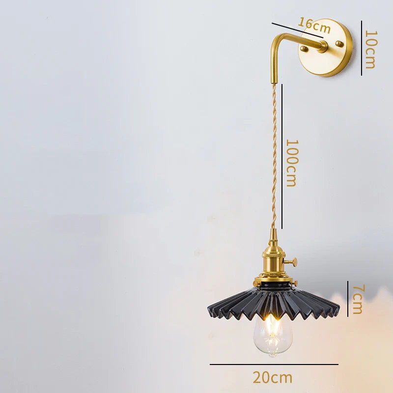 Axyaa Ceramic LED Wall Lamp with Pull Chain Switch - Modern White Black Copper Mirror Light