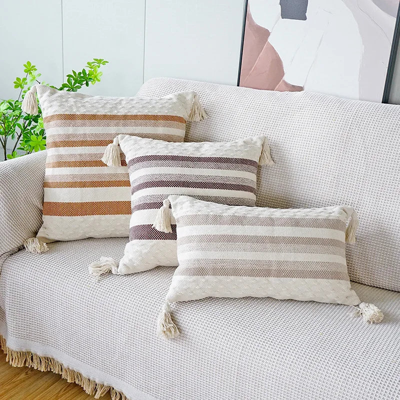 Ivory Brown Coffee Black Stripe Pillow Case with Tassels - Axyaa Brand
