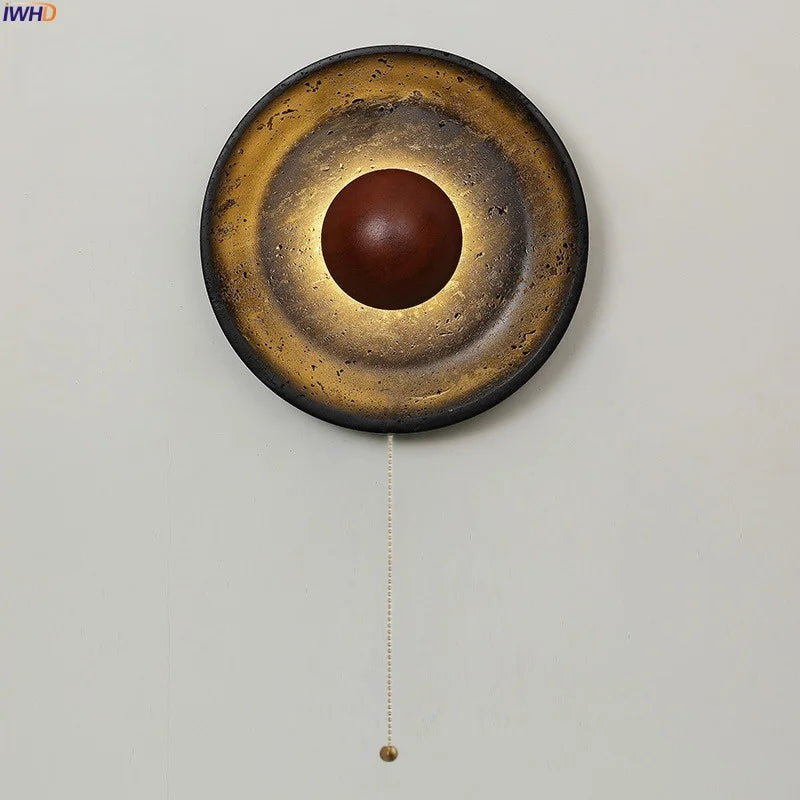Axyaa Nordic LED Wall Light Pull Chain Switch Black Travertine Wood Minimalism