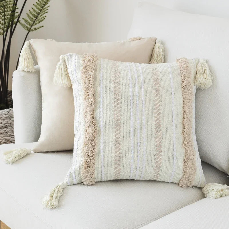 Ivory Tassel Cushion Cover - Moroccan Style Tuft - Axyaa Brand