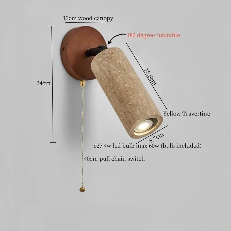 Axyaa White Glass LED Wall Light - Yellow Travertine Button Switch - Wabi Sabi Design