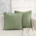 Axyaa Green Corduroy Cushion Cover with Fur Ball Pom | 45x45CM | Living Room Bedroom