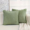 Axyaa Green Corduroy Cushion Cover with Fur Ball Pom | 45x45CM | Living Room Bedroom