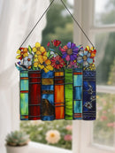 Colorful Flowers & Books Acrylic Suncatcher Window Decor by Axyaa