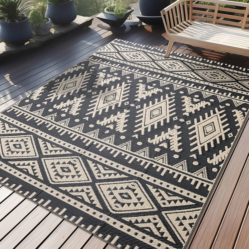 Axyaa Reversible Outdoor Straw Rug Waterproof Boho Patio Mat