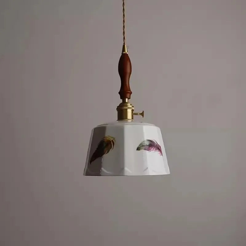 Axyaa White Ceramic Pendant Light Retro Wood Copper LED Hanging Lamp