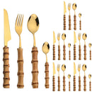 Axyaa 24Pcs Stainless Steel Bamboo Handle Cutlery Set Dinnerware Flatware