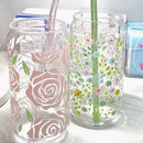 Axyaa Flower Glass Tumbler with Bamboo Lid & Straw, 500ml Can Shape - Gift Idea