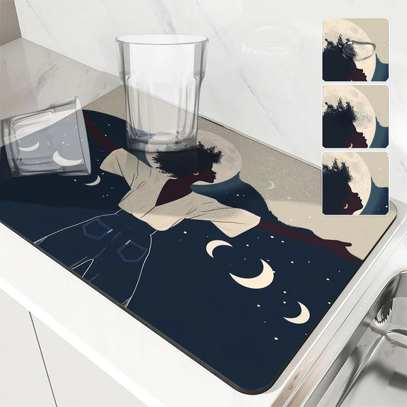 Axyaa Diatom Mud Kitchen Drain Pads - African Woman Design Absorbent Tableware Draining Mat