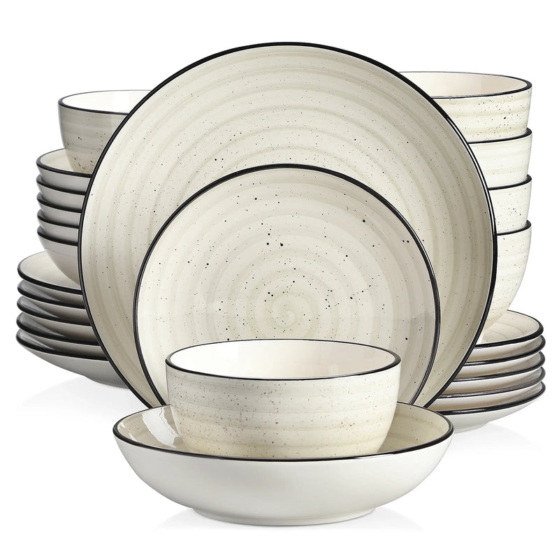 Axya™ 48-Piece Handpainted Stoneware Dinner Set with Spirals - Beige Color