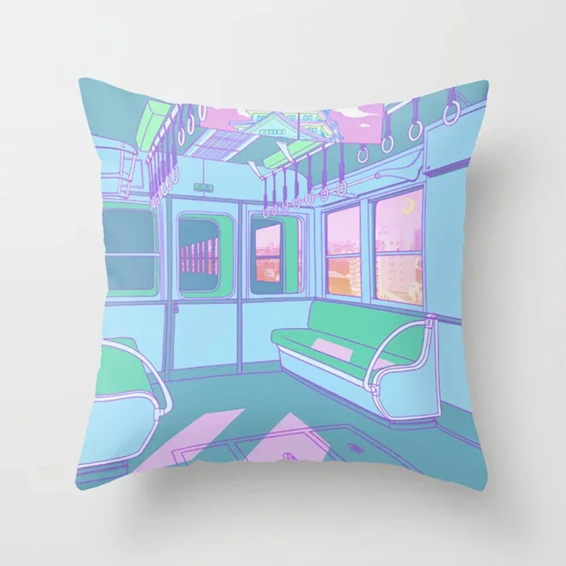 Pink Anime City Print Polyester Pillowcase 45x45cm for Bedroom Living Room by Axyaa.