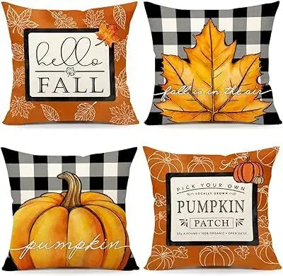 Axyaa Buffalo Check Print Linen Pillow Cover 45x45 for Fall Thanksgiving Decor