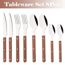 Axyaa Stainless Steel Wooden Handle Cutlery Set - 16Pcs Flatware Steak Knife Fork Spoon